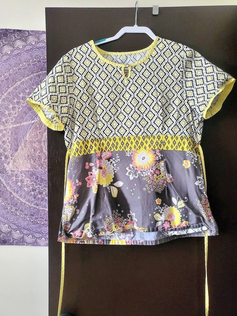 Koi top, geometric pattern yellow/gray Size Large. Pants are SB Srub Size Small